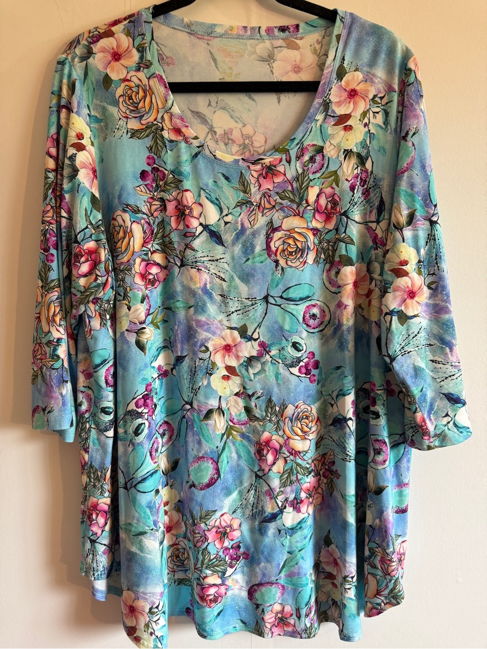 Blue Sky Clothing Co Bamboo Floral Tunic Top 1X Aqua Pink Boho Cottagecore
